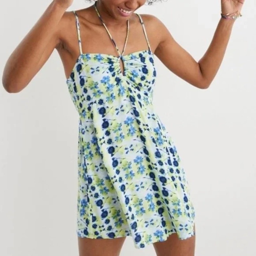 Aerie Floral Tie Dye Keyhole Mini Dress Blue Green Boho Smocked Size M